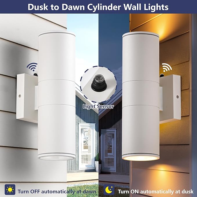 Dusk to Dawn Outdoor Lighting Sensor Wall Lights 2Pack, 12W 2700K Integrated LED Cylinder Up Down Lights Outdoor, IP65 Waterproof Aluminum Exterior Wall Sconce for Porch Patio.