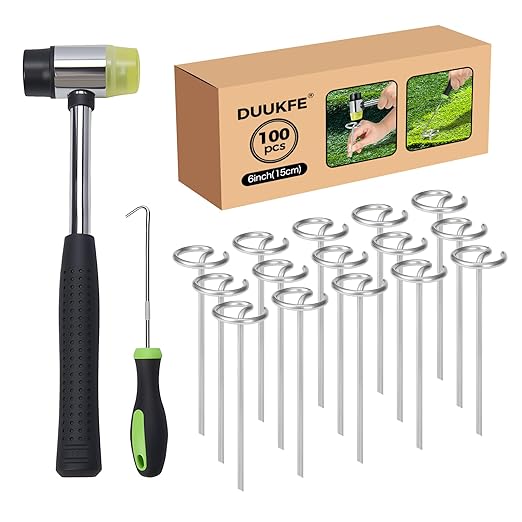 100pcs Landscape Fabric Pins, Heavy Duty Galvanized Landscape Staples Weed Barrier Stakes Lawn Staples with Staples Remover Mallet Yard Stakes Staples for Lawn Edging Ground Cover Outdoor Gardening