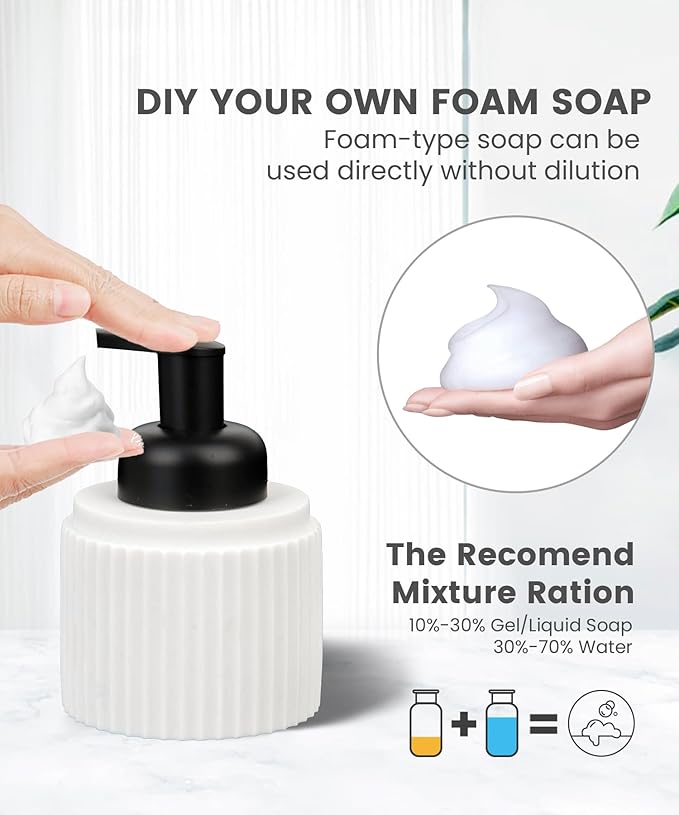 White Bathroom Accessory Set - 6 Pcs: Toothbrush Holder, Lotion & Foaming Soap Dispensers, Qtip Holder, Vanity Tray, Bathroom Tumbler, Countertop Organizer