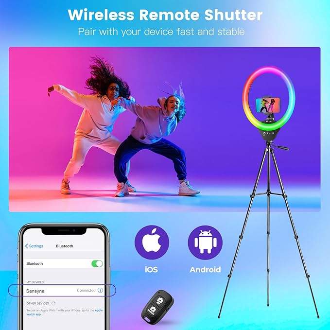 Sensyne 10'' RGB Ring Light with 50'' Extendable Tripod Stand, Circle Lights with Phone Holder for Live Stream/Makeup/YouTube Video/TikTok, Compatible with All Phones