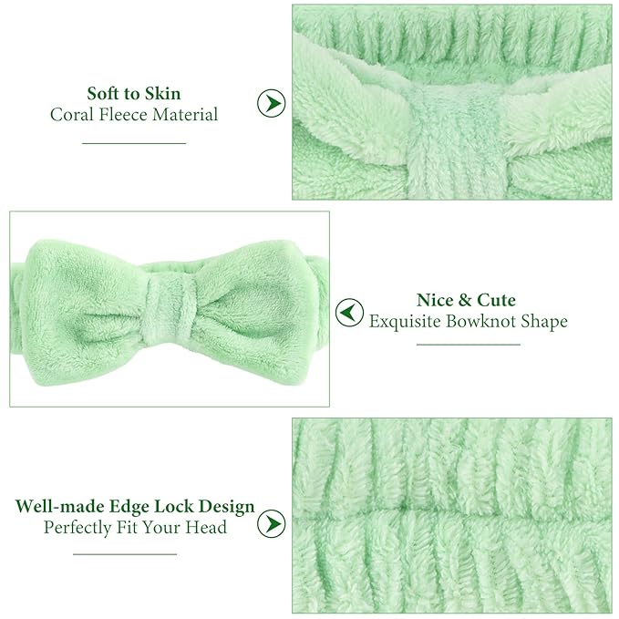 Ondder Green Spa Terry Cloth Skincare Headbands for Women - 8 Pcs Makeup Bow Hair Bands for Face Washing and Skin Care