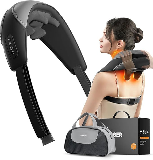 Shiatsu Neck and Shoulder Massager With Heat for Pain Relief, Deep Tissue Back Massager, Portable for Neck and Back, Gifts for Men and Women (Black With Leather Handbag)