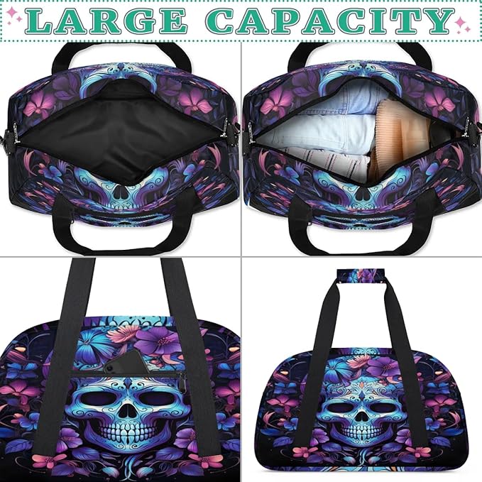 Sports Duffle Bags Travel Duffle Bag Gym Bag Skeleton Flower Skull Weekender Travel Bag Waterproof Overnight Bag Carry On Travel Tote Bag Dance Bags