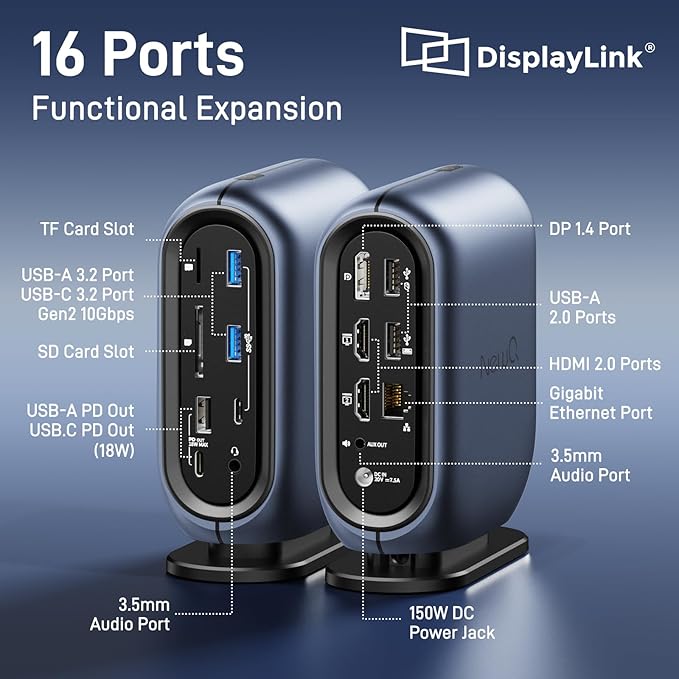 Triple Display Docking Station with 150W Power Adapter for Windows and MacBooks, Equipped with Multiple High-Speed Ports
