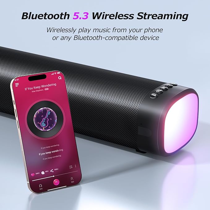 Sound Bar,100W Sound Bar for Smart TV with 3 RGB Lights Modes, Bluetooth 5.3, ARC/Opt/AUX Connect, Detachable 2-in-1 Speaker, 3 Equalizer Modes, Bass Surround Soundbar for TV/PC/Gaming/Projectors