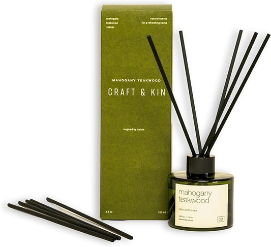 Craft & Kin Reed Diffuser Set Oakwood, Mahogany & Vetiver, Fall Reed Diffusers for Home, Fragrance Diffuser Sticks, Oil Diffuser Sticks, Oil Diffuser with Sticks, Reed Diffuser for Men