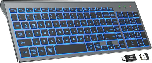 SABLUTE Wireless Keyboard with 7 Colored Backlits, Rechargeable Silent Compact Cordless Computer Keyboard with Low Profile Quiet Light Up Keys for Windows, PC, Linux, Chrome, Mac (Grey)