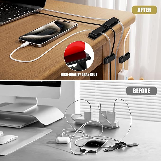 Self Adhesive Cable Management Clips, Line Clips, Cable Organizers, TV PC Line Clips, Ethernet Cable Clips Under Desks - Durable PA66 Material, Easy to Install (Black 20Pcs)