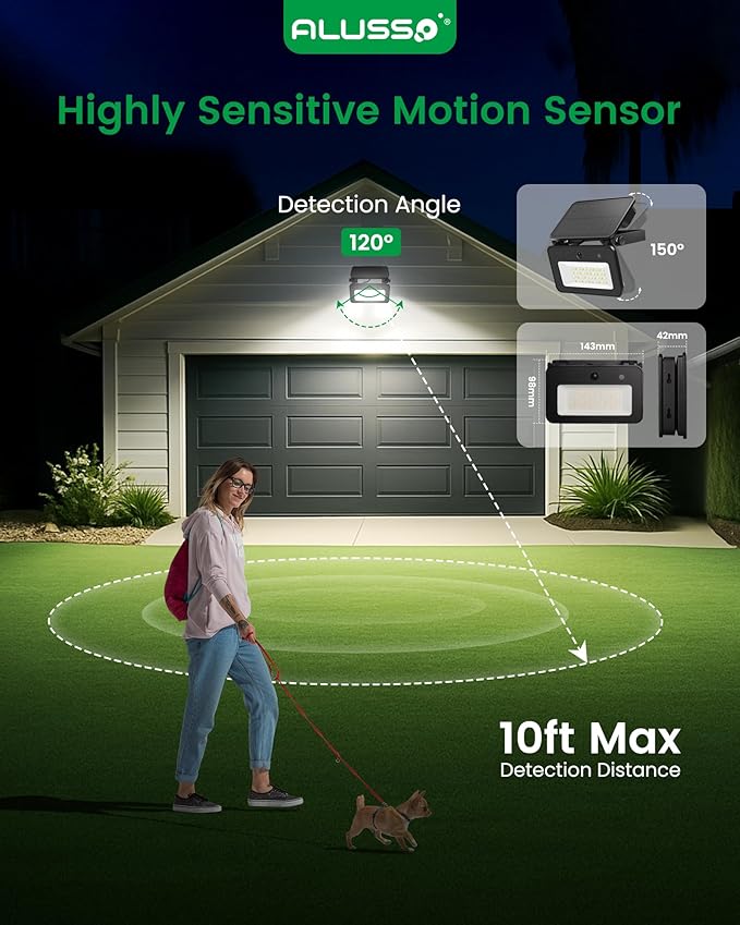 ALUSSO® Solar Security Lights Outdoor, 3CCT Solar Flood Lights with Remote Control Motion Sensor, 1000LM, Dimmable, 3 Modes, IP65 Waterproof, 2 Pack