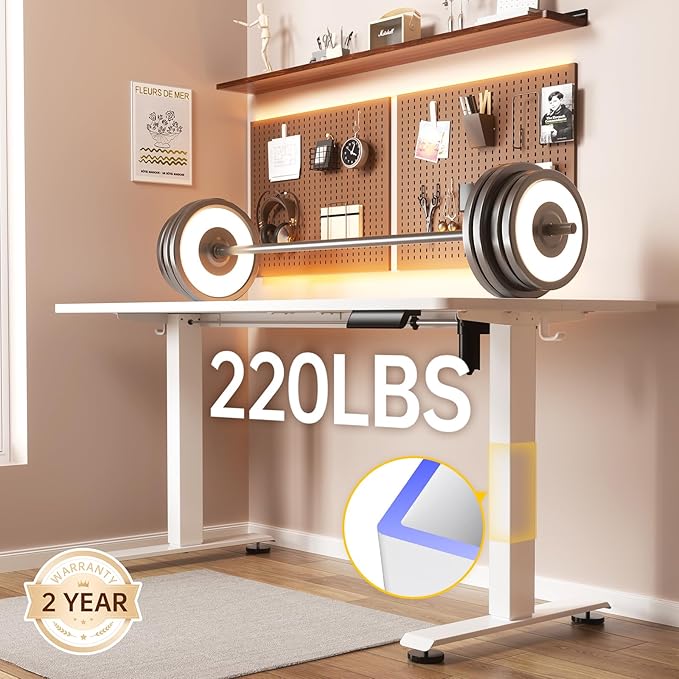 Veken 55 Inch Large Electric Standing Desk,Sit to Stand Up, Heights Adjustable, Work Home Office Computer Table for Study, Walking Pad, Writing, and Games, Wooden Desktop Desks, White