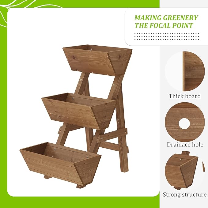 3-Tiers Wooden Raised Garden Bed Tiered Planter Box Vertical Garden Planter Wood Plant Stand for Patio, Balcony, Freestanding. (Brown S)