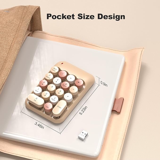 Wireless Number Pads, Cute Colorful Numeric Keypad Numpad Portable 2.4 GHz Financial Accounting Number Keyboard Extensions, 18 Key Number Numpad for Laptop Desktop, PC (Cream)