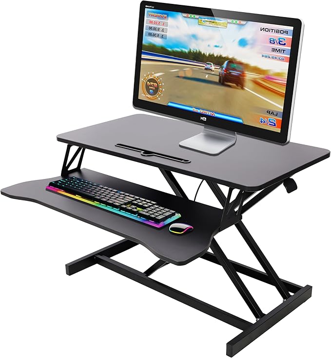 32 Inch Height Adjustable Stand Up Laptop Desk Converter, Heavy Duty Standing Computer Workstation Riser with Removable Keyboard Tray for Home Office Workshop, Spacious Platform for Monitor, Black