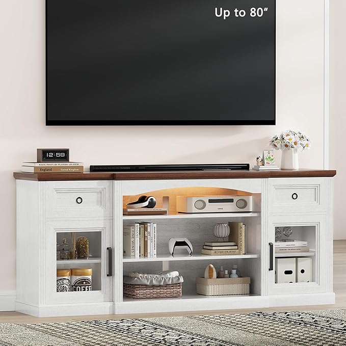 Farmhouse TV Stand, 70" Modern TV Stand with LED Lights & Outlet, 2 Drawers, Transparent Doors, Entertainment Center with Adjustable Shelves for Fireplace(36" Wx15 H), Antique White