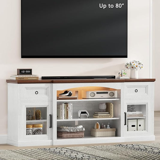 Farmhouse TV Stand, 70" Modern TV Stand with LED Lights & Outlet, 2 Drawers, Transparent Doors, Entertainment Center with Adjustable Shelves for Fireplace(36" Wx15 H), Antique White