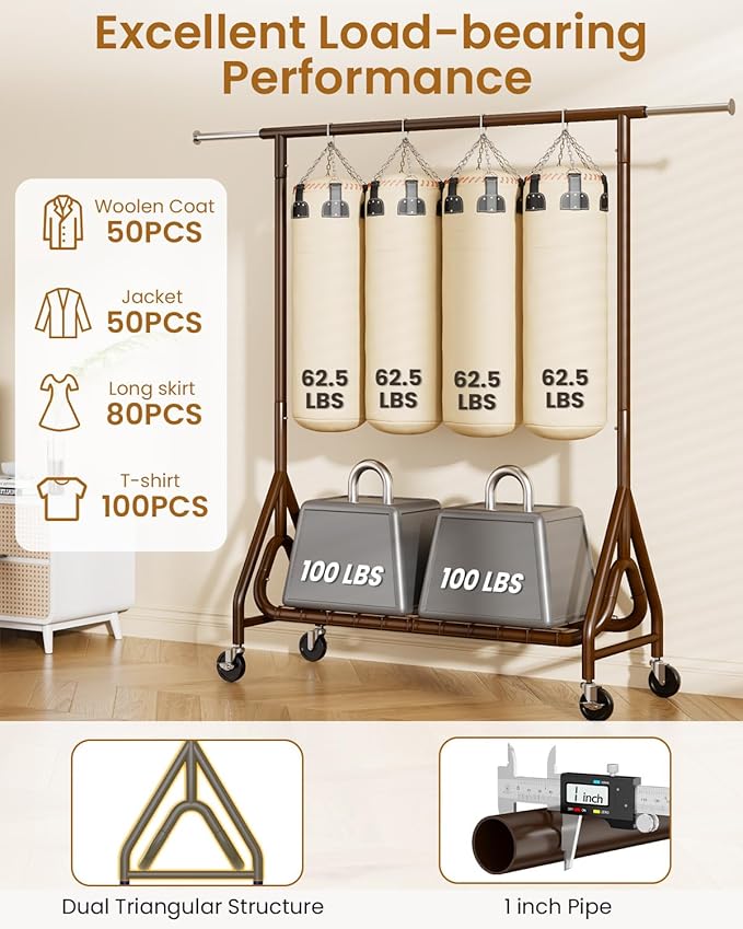 Heavy Duty Clothing Rack, Metal Clothes Rack Load 450 LBS, Rolling Coat Racks for Hanging Clothes with Lockable Wheels, Wardrobe Closet Garment Racks for Bedroom, Brown