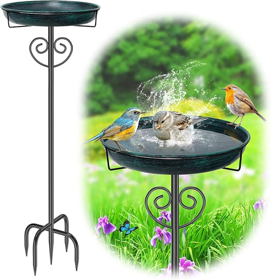 Metal Bird Bath for Outside, Standing Garden Bird Bath Bird Feeder Bowl with 5-Pronged Stake, Detachable Birdfeeder Bath for Outdoors Garden Patio Yard Lawn Decor (Vintage Green)
