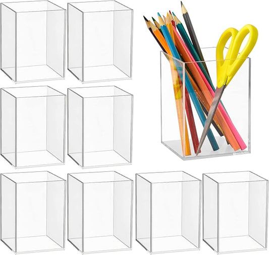 8 Pieces Clear Acrylic Pen Holder Acrylic Pencil Cup Clear Makeup Bush Holder Acrylic Desktop Stationery Organizer for Office School Home Desk Accessories (8 Pack, Square)