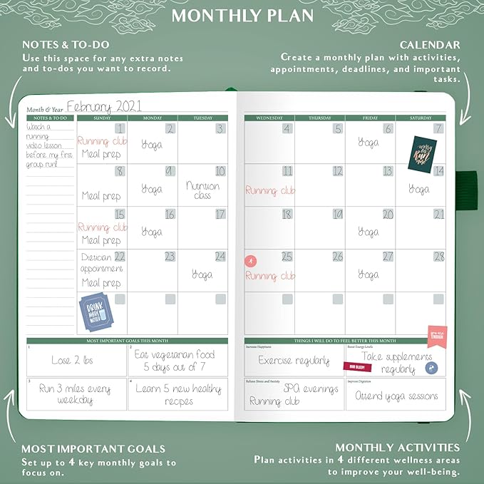 Legend Wellness Planner & Food Journal – Daily Diet & Health Journal with Exercise & Weight Loss Tracker – Nutrition Diary, 6 Months (Forest Green)