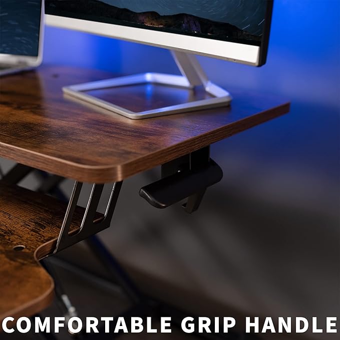 VIVO 32 inch Desk Converter, K Series, Height Adjustable Sit to Stand Riser, Dual Monitor and Laptop Workstation with Wide Keyboard Tray, Vintage Brown Top, Black Frame, DESK-V000KN