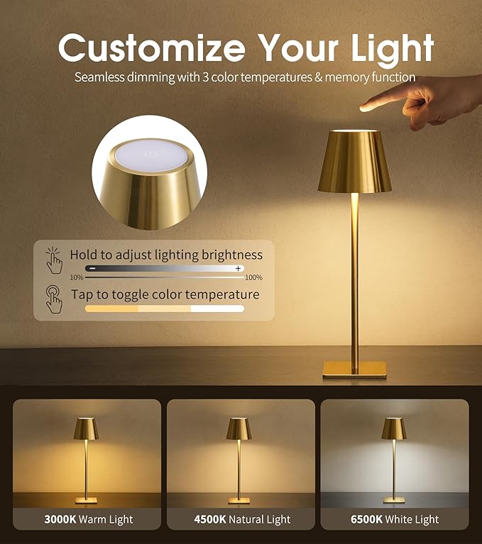 UME 3 Pack Cordless Table Lamp, Battery Operated Lamp - Portable Waterproof Rechargeable Table Lamp w/ 3 Color Temps & Stepless Dimming for Dinner, Desk, Cafe, Outdoor (Brushed Gold)