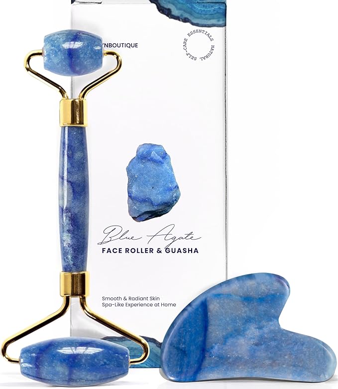 ROSELYNBOUTIQUE Gua Sha Facial Tools & Face Roller Original Face Massager for Puffiness Wrinkless Skin Care Routine - Self Care Gift for Men Women (Blue Aventurine)