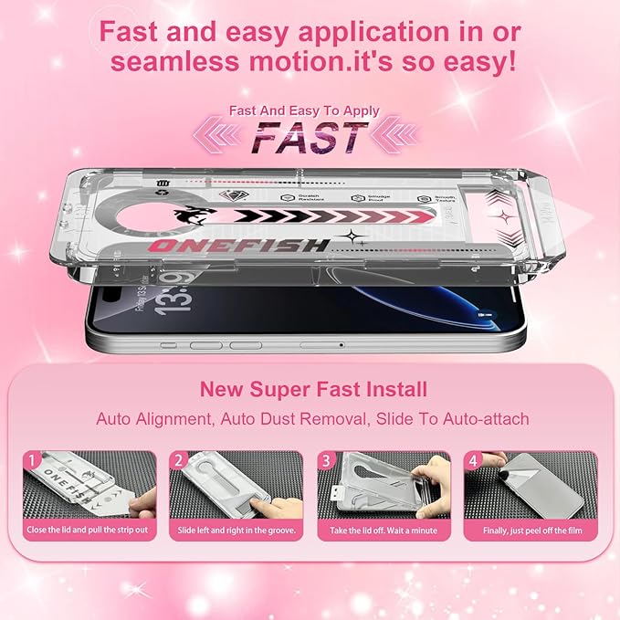 OneFish Women Fashion Screen Protector for Iphone 13 with Camera Lens Protector,Diamond Bling Full Edge Coverage, HD Clarity Tempered Glass Film with Installation Frame, 9H Glass Scratch Resistant