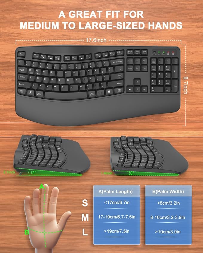 Ergonomic Wireless Keyboard with Wrist Rest, Wave Keys, Comfortable Natural Typing, 2.4GHz Full Size Ergo Wireless Computer Keyboard for Multi-OS, Windows, Mac OS Laptop/PC/Notebook (Gray)
