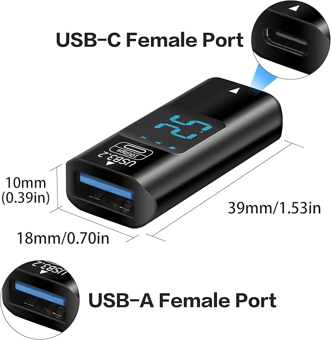 YACSEJAO 2 Pcs 10Gbps USB C to USB A Adapter with Digital Display, USB 3.2 Type C Female to Type A Female Converter, Dual Sided Fast Charging & Data Transfer