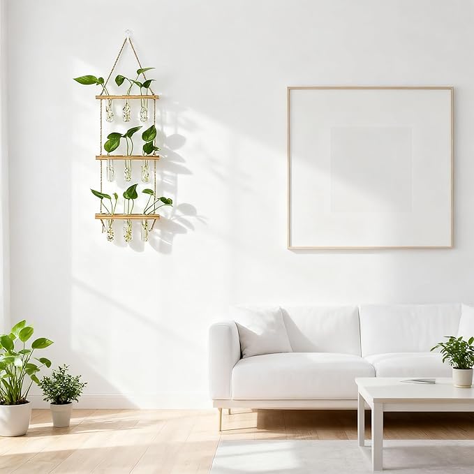 Hyindoor Wall Hanging Propagation Stations 3 Tired Wall Planter Terrarium with Wooden Stand and Glass Test Tubes Plant Hanger Flower Vase for Home Office Wall Decor Hydroponic Cuttings
