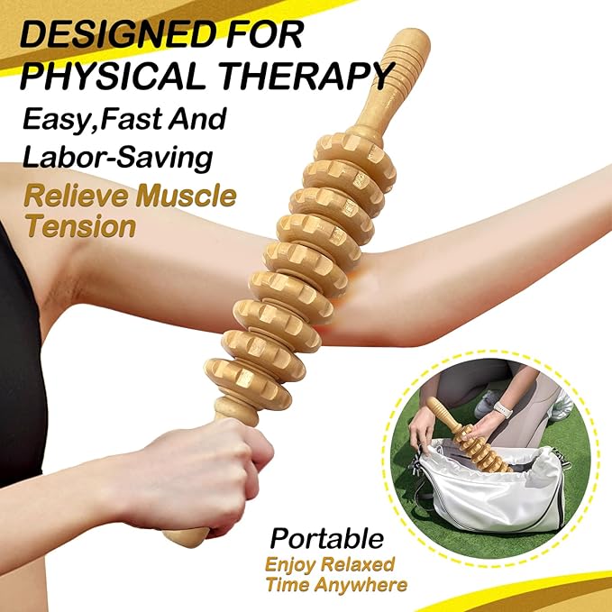 Manual Massager Wooden Handheld Roller Trigger Point Massager Stick for Fascia, Cellulite, Muscle & Abdomen, Body Therapy Massager, Muscle Belly Relief Tool, Natural Wood