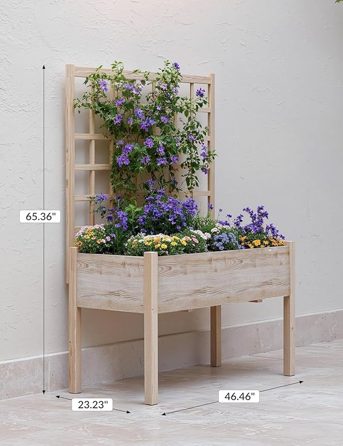 Raised Garden Bed on Wheels, Elevated Raised Wood Planter Box with Legs, Elevated Garden Bed for Vegetables, Standing Garden Container for Backyard, Patio (Tall with Trellis)