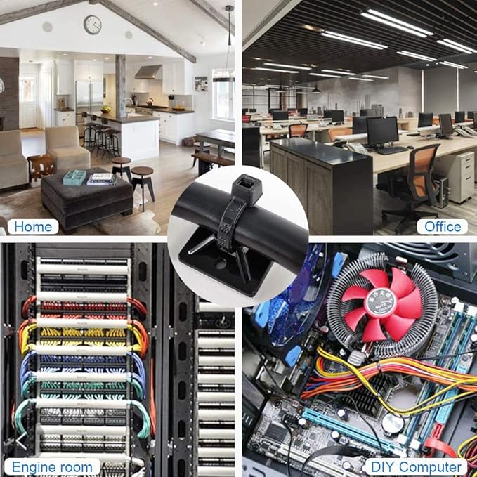 Strong Self Adhesive Wire Clips Cable Zip Tie Mounts 3/4" with 6 Inch Zipties Black UV Protection Outdoor 100 Pcs,Sticky Wire Fasteners Cable Guide Management Mounting Suqare Holder Anchor Base Small