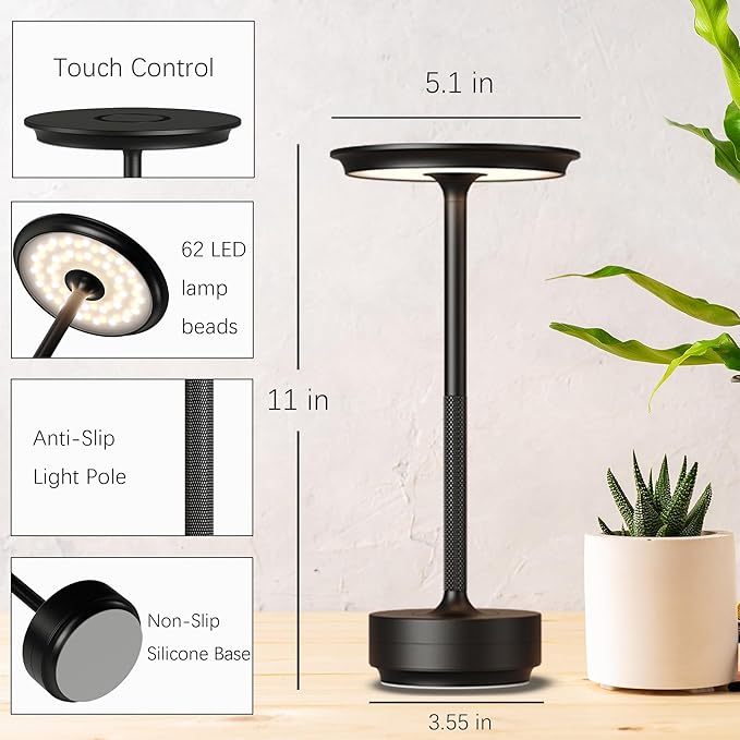 2 Pack Cordless Table Lamps Rechargeable, 5000mAh Portable LED Table Light, 3 Color Stepless Dimming Battery Powered Table Lamp, for Patio/Restaurant/Home/Outdoor.(Black)
