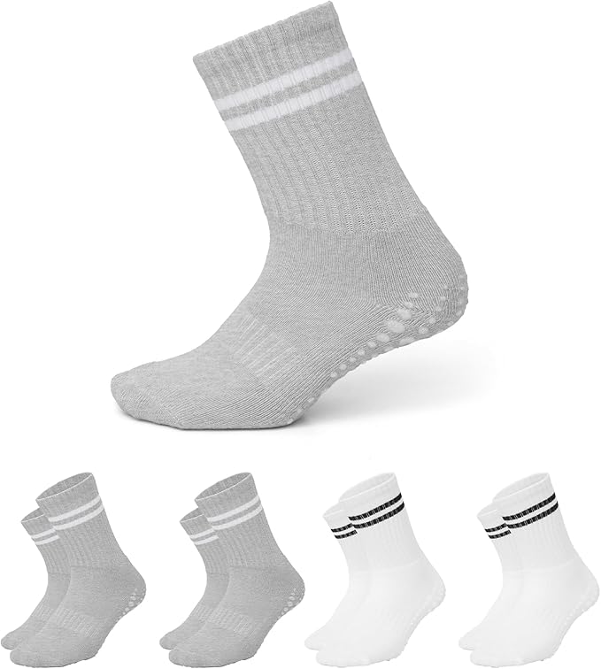 AMELLE Pilates Mid Crew Grip Socks for Women Non Slip – Half Cushioned Striped Yoga Barre Crew Socks with Grips – Anti Skid