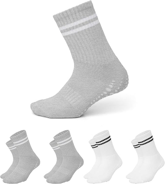 AMELLE Pilates Mid Crew Grip Socks for Women Non Slip – Half Cushioned Striped Yoga Barre Crew Socks with Grips – Anti Skid