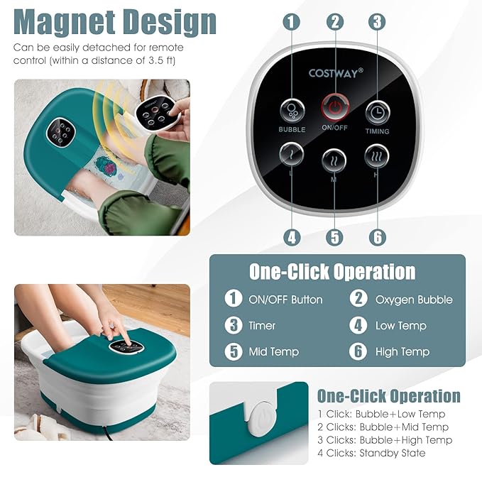 COSTWAY Collapsible Foot Spa Bath, with Heat, Bubbles, 16 Shiatsu Massage Rollers, Pedicure Foot Spa Tub W/Remote Control, Timer, Pumice Stone, Medicine Box (Deep Blue+White)