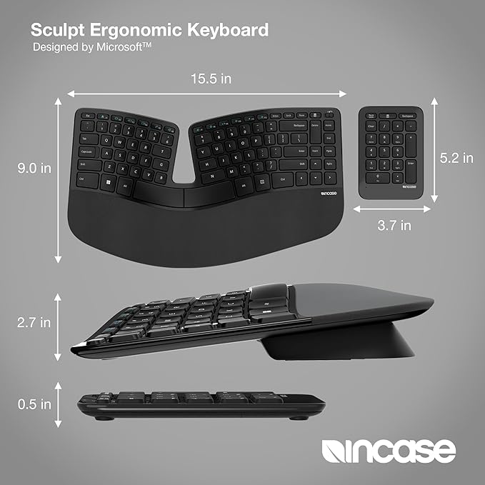 Incase Sculpt Ergonomic Keyboard – Designed by Microsoft – Split Keyset Design, Palm Rest, Contoured Layout, One-Touch Windows Button, AES 128-Bit Encryption, Includes Separate Number Pad – Black