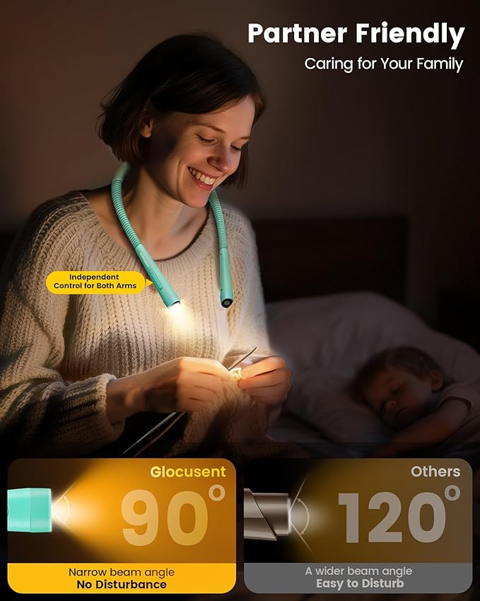 Glocusent Ergonomic Reading Light, 1600mAh Rechargeable Book Light for 100 Hrs - 3 Colors & 5 Brightness, Neck Light with Timers, Sleep Aid & Travel Lock, Perfect for Reading, Knitting & Craft