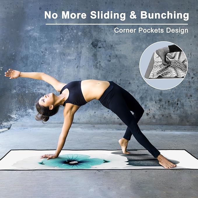 QiyI Large Yoga Mat Towel with Corner Pockets, Non Slip Sweat Absorbent Hot Yoga Towels, Soft Yoga Blankets Skidless Mat Cover for Workout, Gym, Fitness - 74"x26", Pebbles & Blue White Flowers