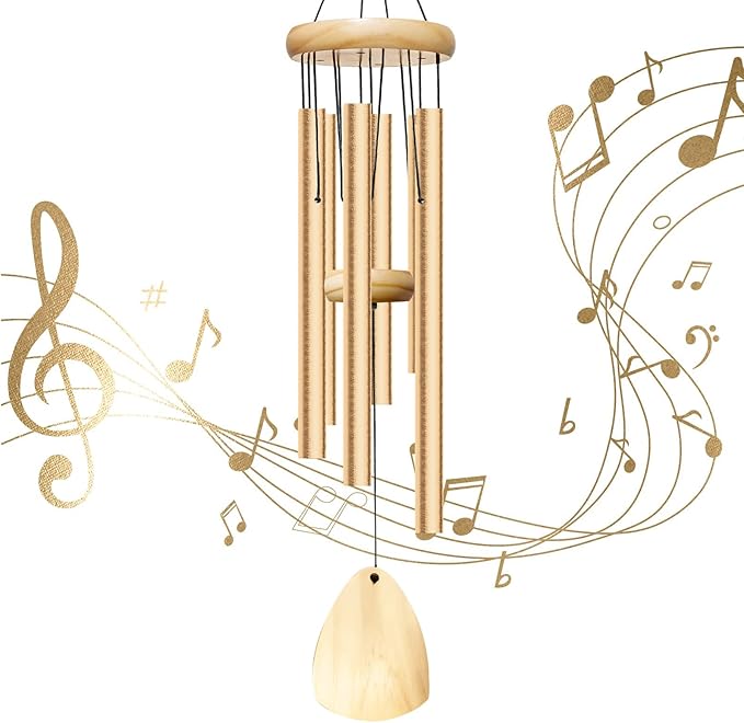 28" Wind Chimes for Outside. Deep Tone Lovely Wind Chimes with 6 Aluminum Tubes Courtyard Decoration. Windchimes Outdoor Create an Enjoyable Atmosphere & Give Mom a Gift（Light Gold）