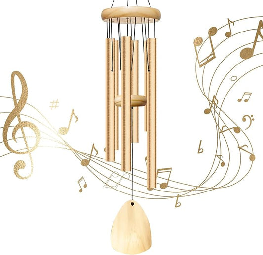 28" Wind Chimes for Outside. Deep Tone Lovely Wind Chimes with 6 Aluminum Tubes Courtyard Decoration. Windchimes Outdoor Create an Enjoyable Atmosphere & Give Mom a Gift（Light Gold）