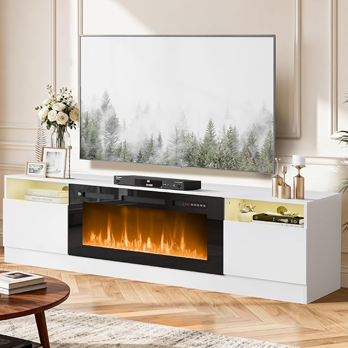 80” TV Stand with 36” Electric Fireplace, Large Modern Media Entertainment Center with Storage Cabinet and 12 Colors LED Lights for TVs Up to 90",White and Black