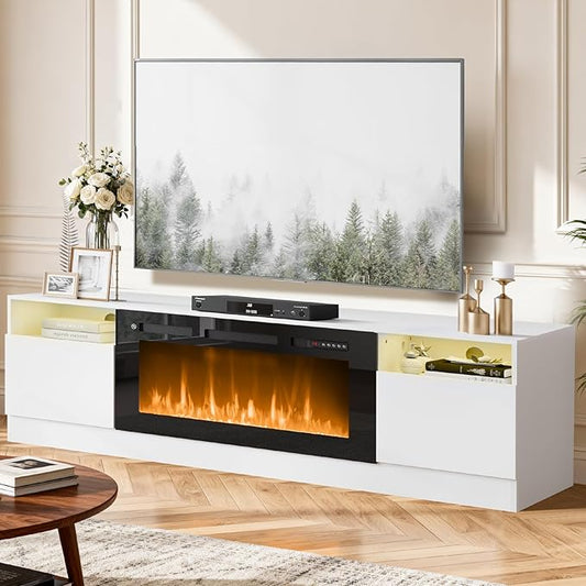 80” TV Stand with 36” Electric Fireplace, Large Modern Media Entertainment Center with Storage Cabinet and 12 Colors LED Lights for TVs Up to 90",White and Black