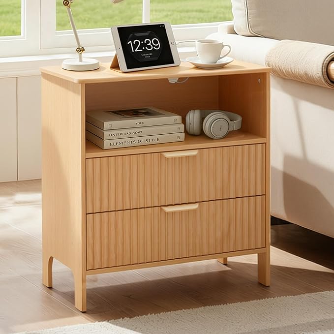 Fluted Nightstand Set 2 with Charging Station, Wood Night Stand with 2 Large Drawers and Storage Shelf, Natural Bed Side Tables Bedroom, Mid Century Modern Nightstand for Bedroom/Living Room