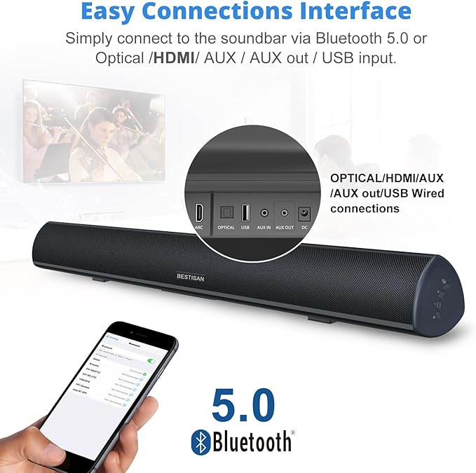 BESTISAN 80 Watt Soundbar, Sound Bars for TV of Home Theater System (Bluetooth 5.0, 34 inch, DSP, Strong Bass, Wireless Wired Connections, Bass Adjustable, Wall Mountable)