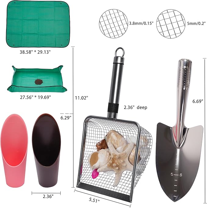 6-Pack Gardening Tool Set: Soil Sifter (3.8&5mm Mesh), Garden Trowel, Soil Scoops & Repotting Mat - Stainless Steel Sifter Shovel for Sand, Dirt, Compost, Rock, Beach, Shells, Shark Tooth & Cat Litter