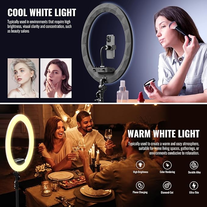 Ring Light with Stand, 19in LED Selfie Circle Light, Max 8ft/2.5m Tripod Stand, 3 Holders for iPhone, Remote Control, 6300K Color Temperature for Live Streaming, Barber, Makeup, YouTube, Tiktok