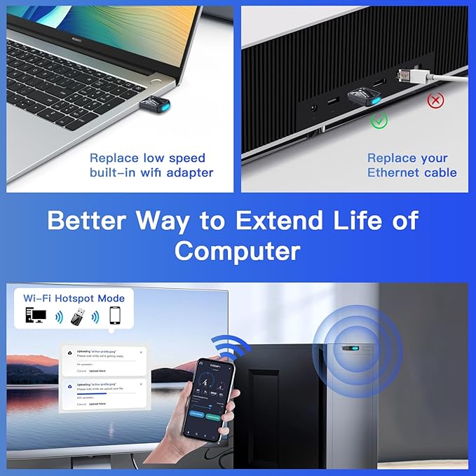 2-in-1 USB AX900Mbps WiFi 6 Bluetooth Adapter for PC, Latest Bluetooth 5.4 Wi-Fi 2.4G/5GHz Dual Band Wireless Network Dongle for Windows 11 10 Laptop Desktop, Plug n Play w/Built-in Driver