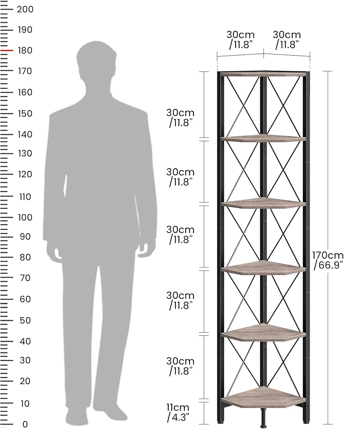 6-Tier Corner Shelf, Corner Bookcase, 66.9" Tall Vertical Display Rack, Plant Stand, Open Storage Shelf, for Living Room, Bedroom, Study, Kitchen, Greige and Black TCJ13BG